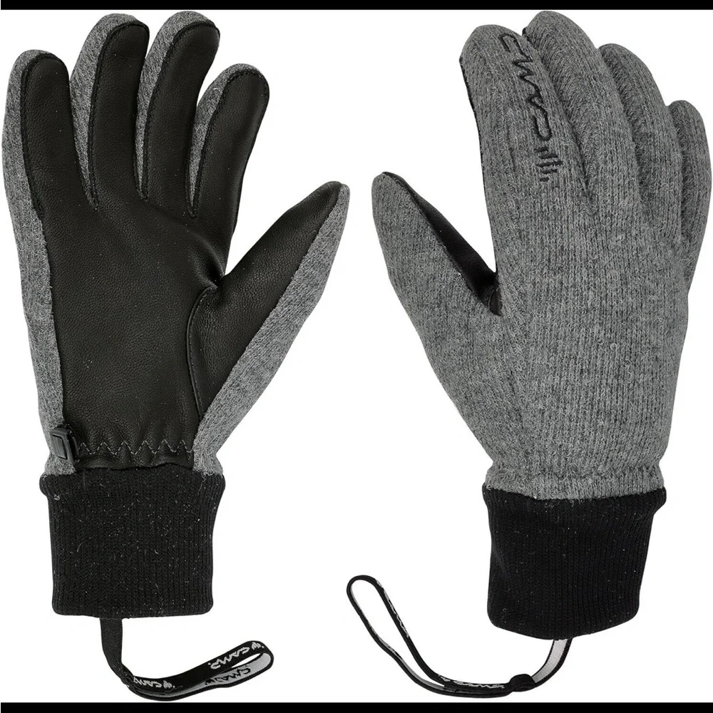 Camp G Wool Leather Winter Insulated Gloves Wrist Strap Black Gray Unisex XS